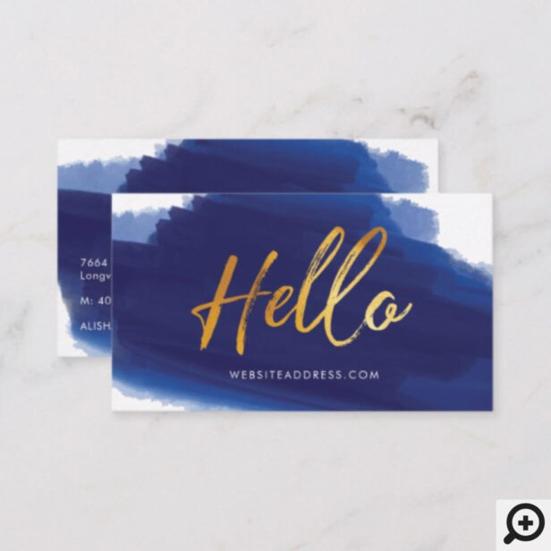 Hello Gold Script | Navy Watercolor Brush Stroke Business Card