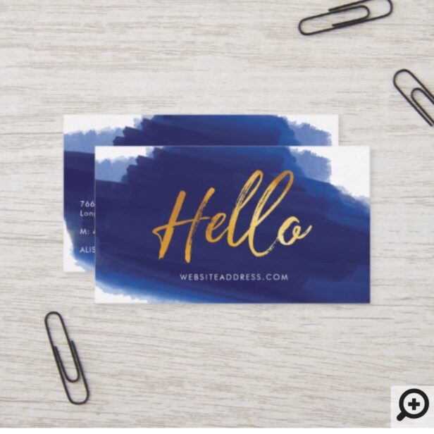 Hello Gold Script | Navy Watercolor Brush Stroke Business Card