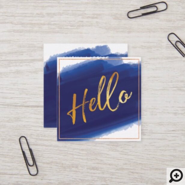 Hello Gold Script | Navy Watercolor Brush Stroke Square Business Card