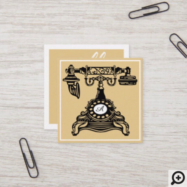 Hello | Yellow Gold Vintage Antique Phone Monogram Square Business Card