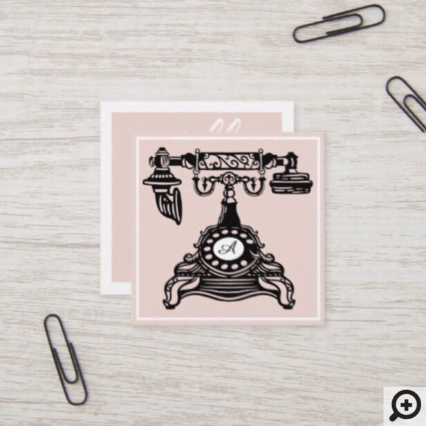 Hello | Blush Pink Vintage Antique Phone Monogram Square Business Card