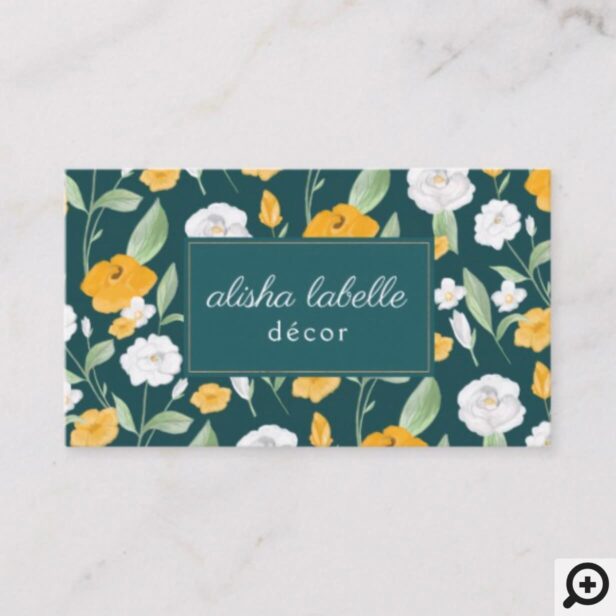 Yellow & White Watercolor Wildflower Floral leaf Green Business Card