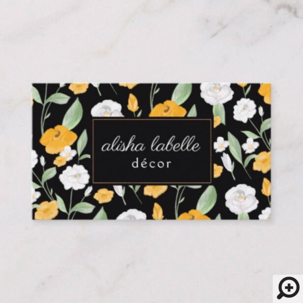Yellow & White Watercolor Wildflower Floral Leaf Black Business Card
