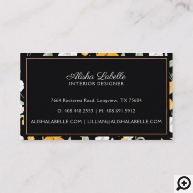 Yellow & White Watercolor Wildflower Floral Leaf Black Business Card