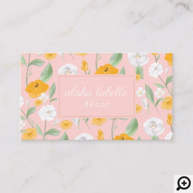 Yellow & White Watercolor Wildflower Floral Leaf Pink Business Card