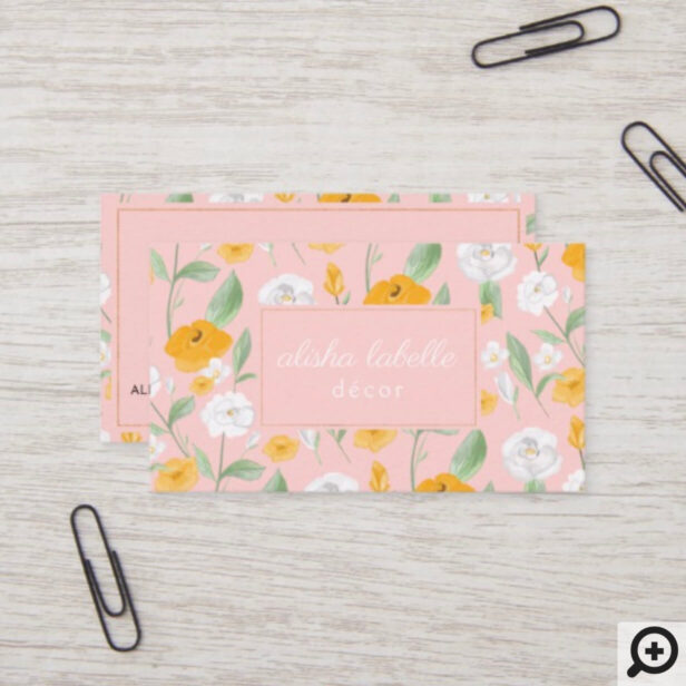 Yellow & White Watercolor Wildflower Floral Leaf Pink Business Card