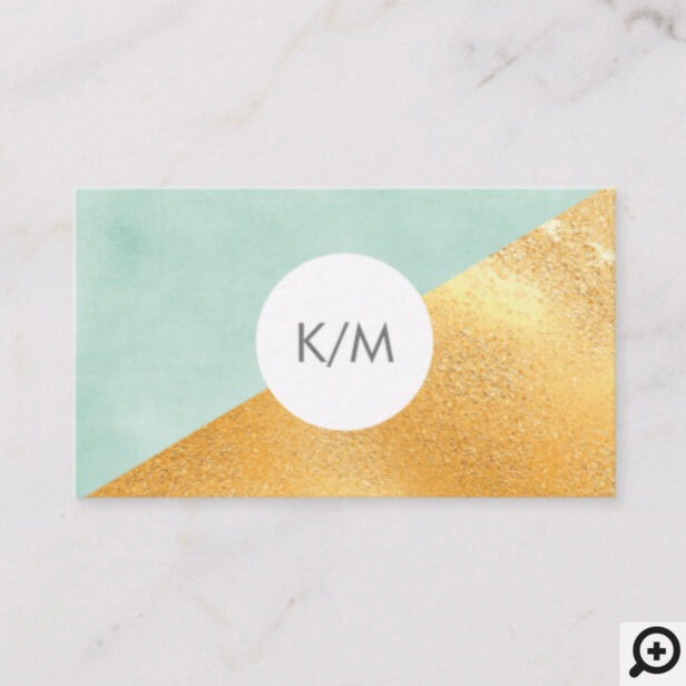 Elegant Geometric Mint Green & Gold Monogram Business Card