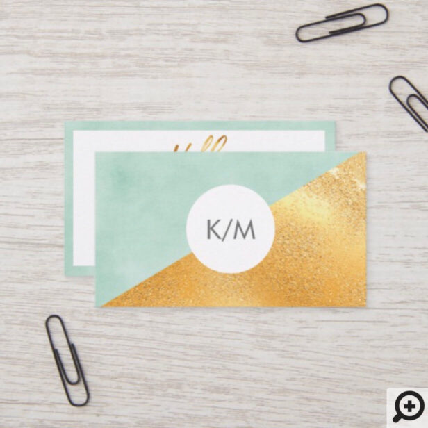 Elegant Geometric Mint Green & Gold Monogram Business Card