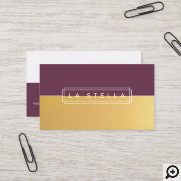 Minimal Gold & Plum Split | Geometric Line Frame Business Card