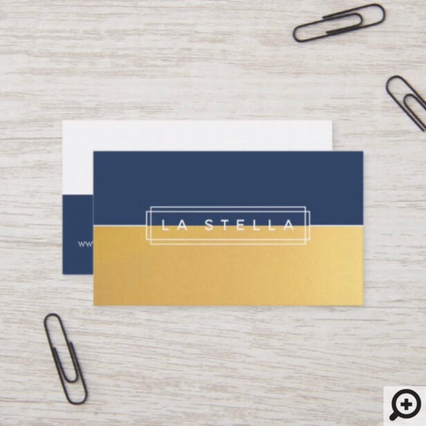 Minimal Gold & Navy Split | Geometric Line Frame Business Card