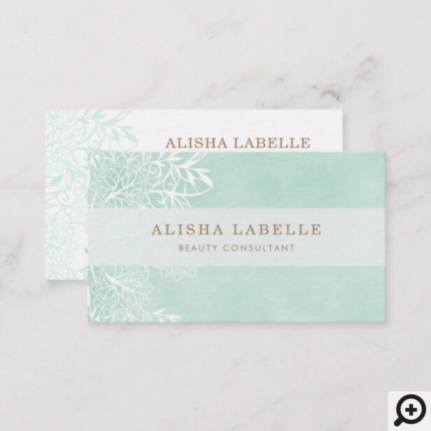 Elegant Mint Green & White Floral Foliage Lace Business Card