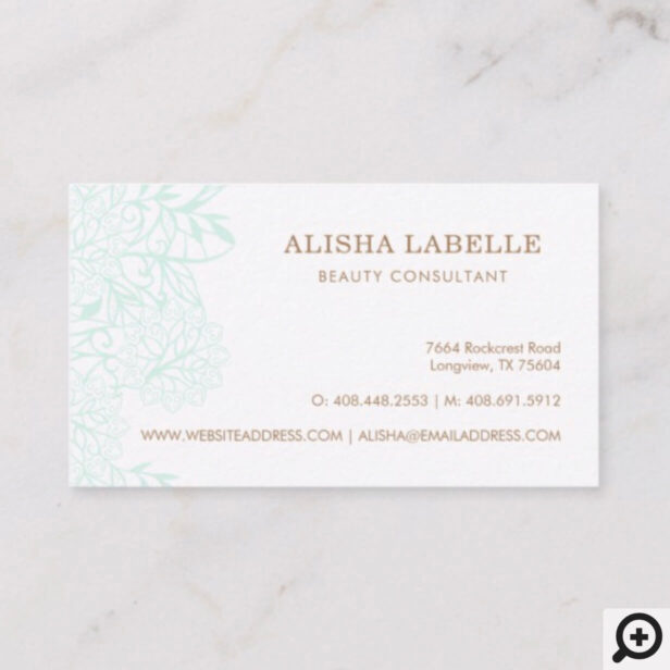 Elegant Mint Green & White Floral Foliage Lace Business Card
