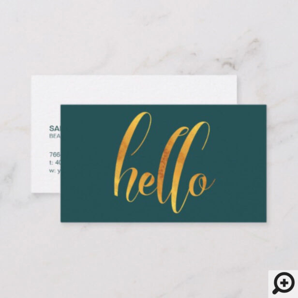 Hello Introduction Gold Brush Script Emerald Green Business Card
