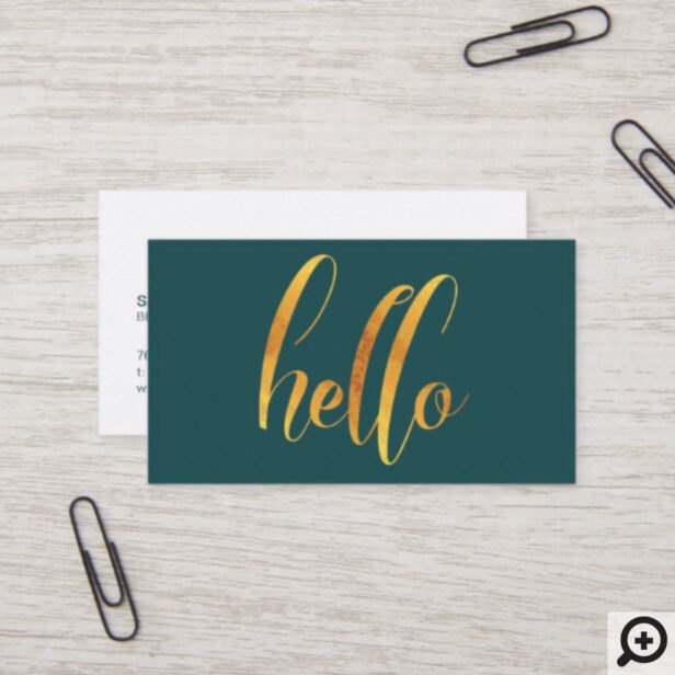 Hello Introduction Gold Brush Script Emerald Green Business Card