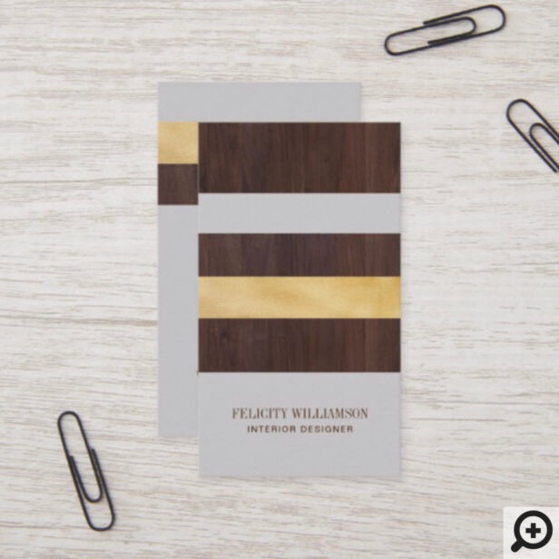 Dark Woodgrain, Gold & Grey Stripe Modern Retro Business Card
