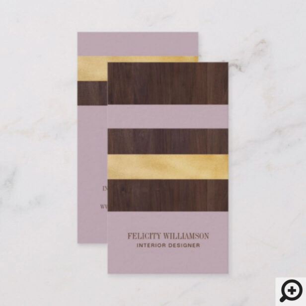 Dark Woodgrain, Gold & Lilac Stripe Modern Retro Business Card