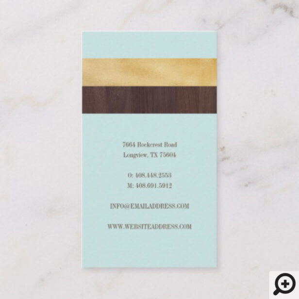 Dark Woodgrain, Gold & Teal Stripe Modern Retro Business Card