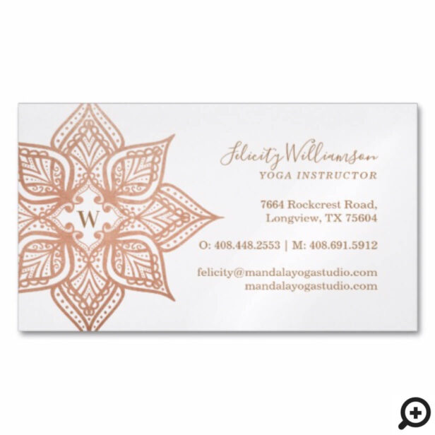 Rose Gold Mandala Lotus Flower Monogram Business Card Magnet