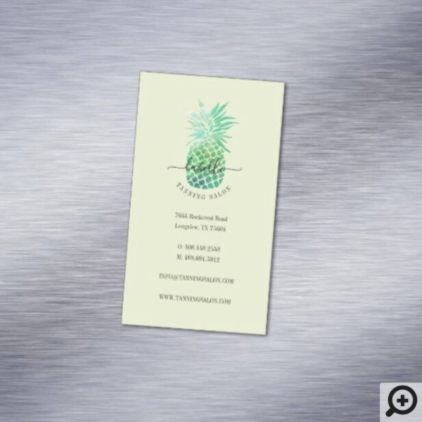 Green & Teal Watercolor Tropical Pineapple Fruit Business Card Magnet