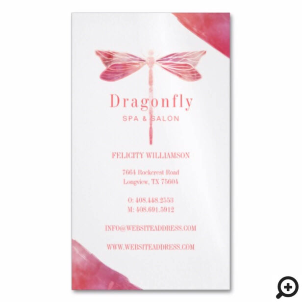 Elegant Pink Watercolor Wash Dragonfly Logo Business Card Magnet