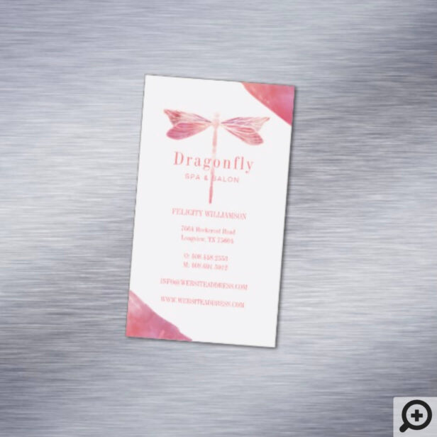 Elegant Pink Watercolor Wash Dragonfly Logo Business Card Magnet