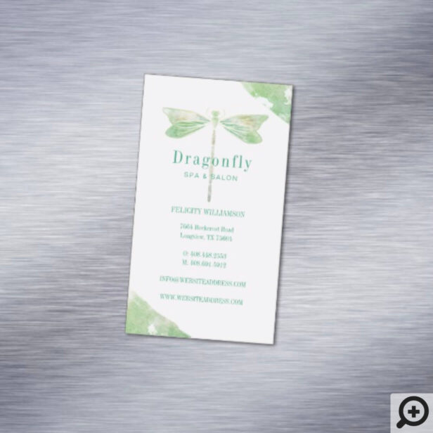 Elegant Green Watercolor Wash Dragonfly Logo Business Card Magnet