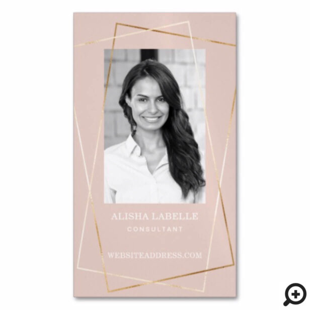 Pink Rose & Gold Geometric Photo Layout & Monogram Business Card Magnet