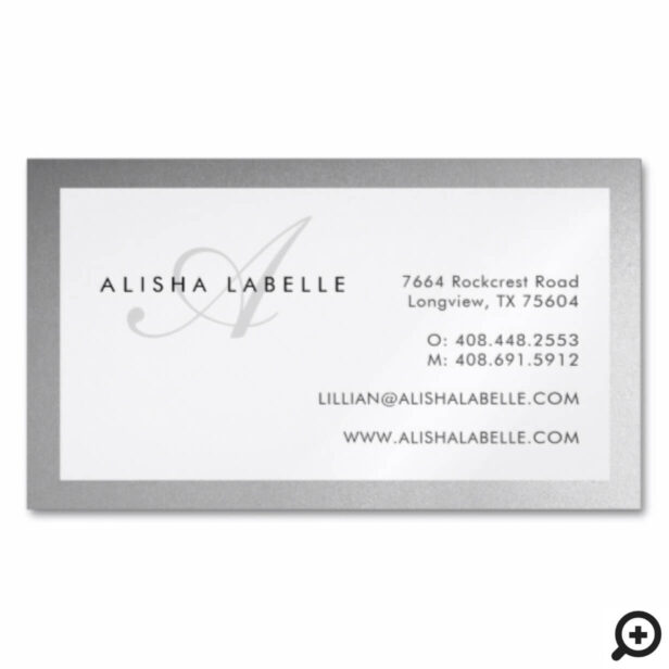 Faux Silver & Elegant Script Monogram Minimal Business Card Magnet
