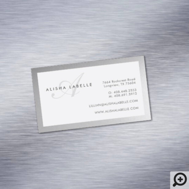 Faux Silver & Elegant Script Monogram Minimal Business Card Magnet