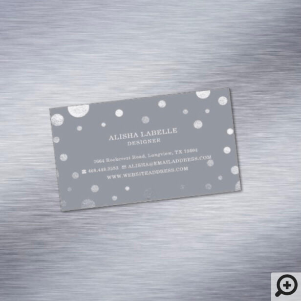 Grey Feminine Chic Silver Confetti Polka Dot Business Card Magnet