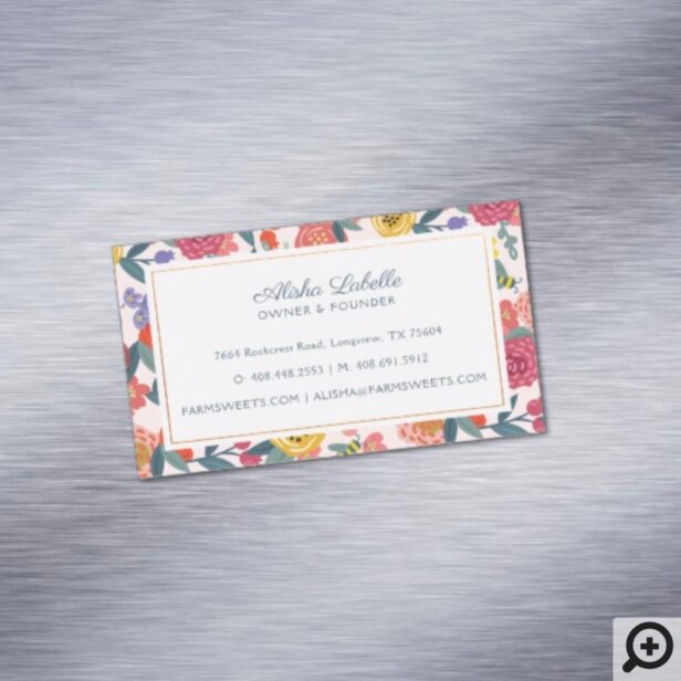 Vintage Abstract Wildflower Foliage & Bees Pattern Business Card Magnet