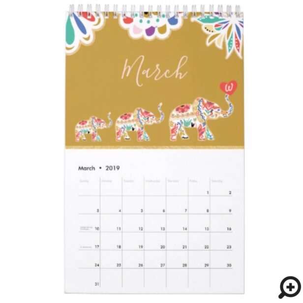 Elegant Floral Decorative Ornate Elephant Pattern Calendar