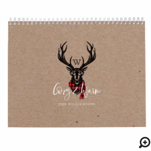 Cozy & Warm | Red Buffalo Plaid Reindeer Monogram Calendar