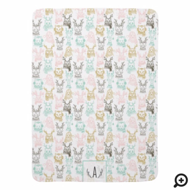 Modern Etched Style Woodland Animals Christmas Baby Blanket
