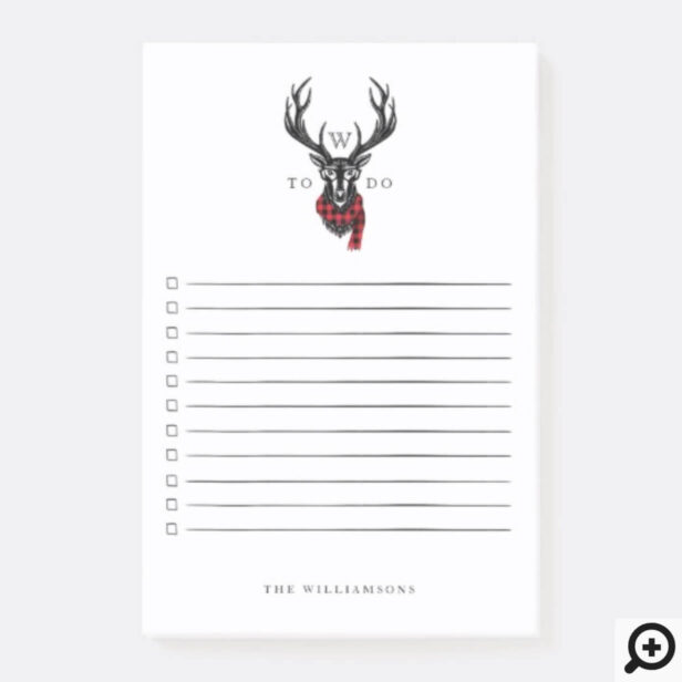ozy & Warm | Red Buffalo Plaid Reindeer Monogram Post-it Notes