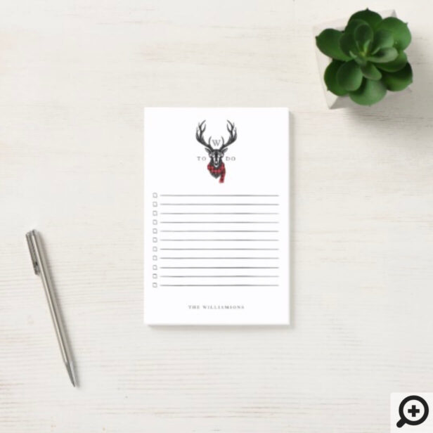 ozy & Warm | Red Buffalo Plaid Reindeer Monogram Post-it Notes