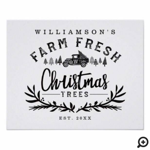 Vintage Car Christmas Tree Delivery Black & White Poster