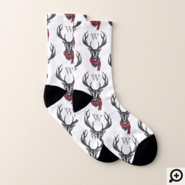 Cozy & Warm | Red Buffalo Plaid Reindeer Monogram Socks