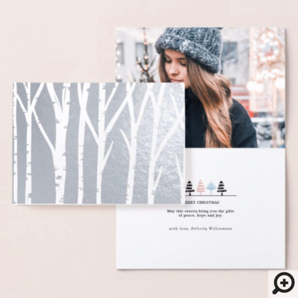 Winter Birch Tree Forest Family Christmas Photo Foil Card