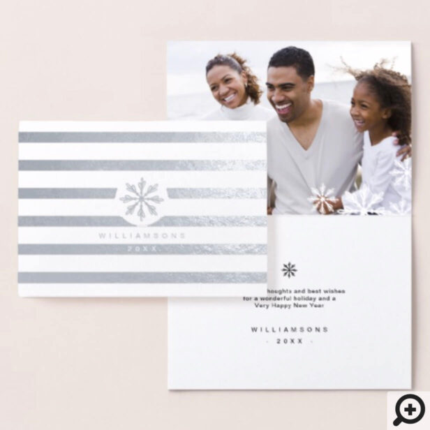 Modern Minimal Snowflake & Stripes Holiday Photo Foil Card