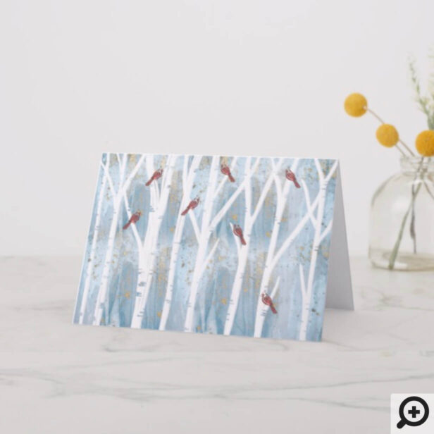 Winter Forest Birch Trees & Red Cardinal Birds Holiday Card