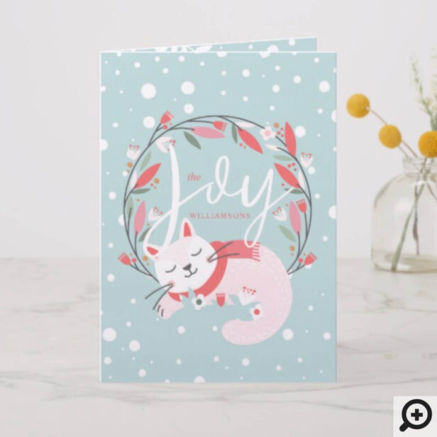 Joy | Cute Sleeping Cat & Leaf Foliage Wreath Holiday Card