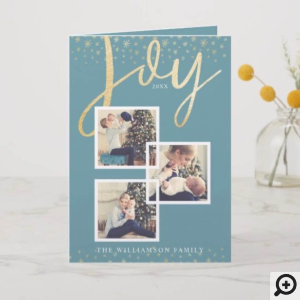 Joy | Elegant Gold Snow Photo Collage Holiday Card