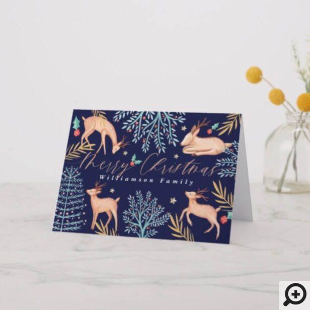 Midnight Woodland Forest Reindeer & Christmas Tree Holiday Card