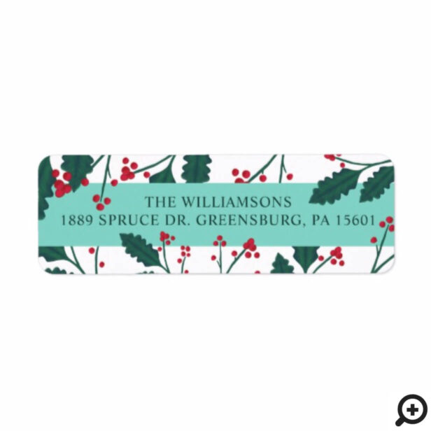 Modern Festive Teal Green, Red Berry & Holly Label