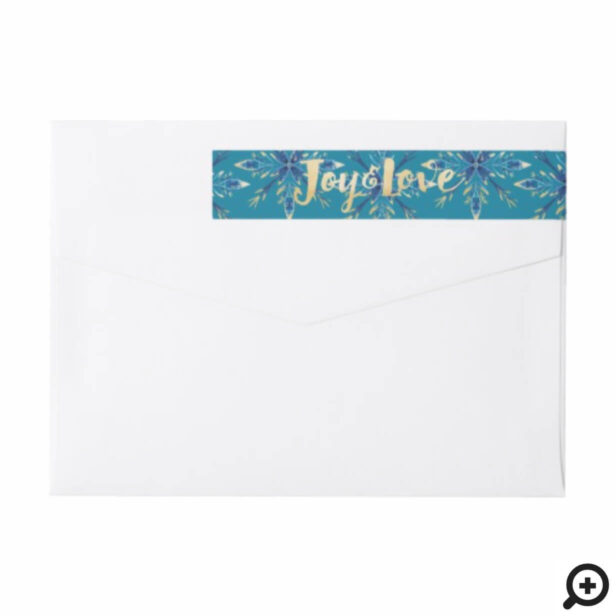 Joy & Love | Elegant Blue & Gold Painted Snowflake Wrap Around Label