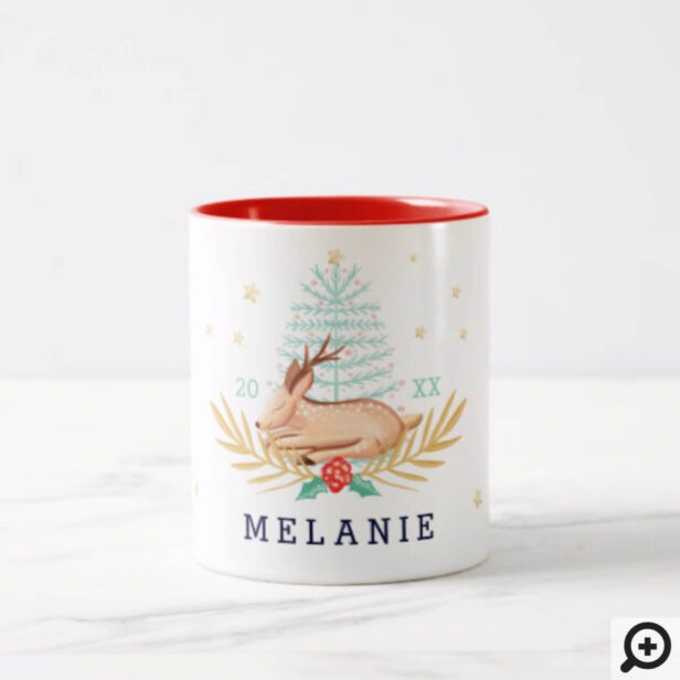 Midnight Woodland Forest Reindeer & Christmas Tree Two-Tone Coffee Mug