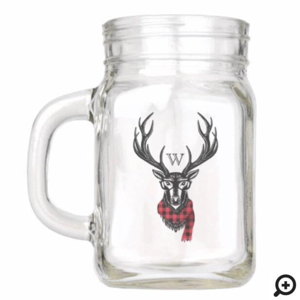 Cozy & Warm | Red Buffalo Plaid Reindeer Monogram Mason Jar