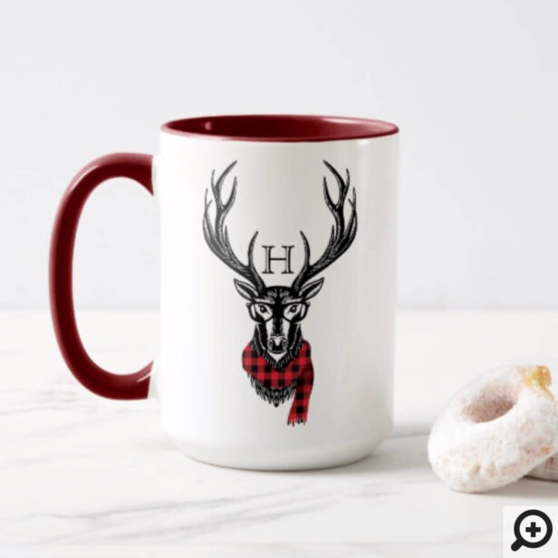 Cozy & Warm | Red Buffalo Plaid Deer Monogram Mug