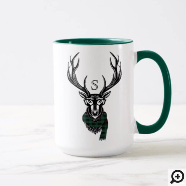 Cozy & Warm | Green Buffalo Plaid Deer Monogram Mug